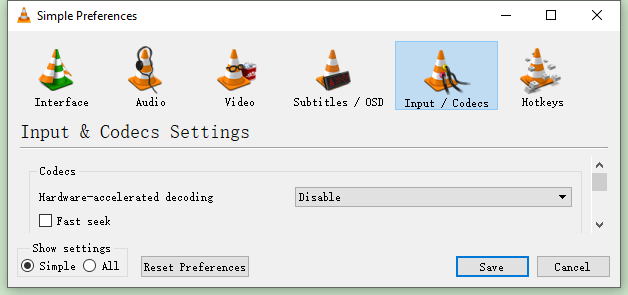 disable vlc hardware accleration