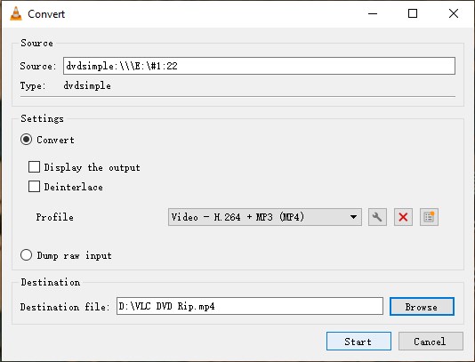VLC rip DVD on Windows - convert settings 