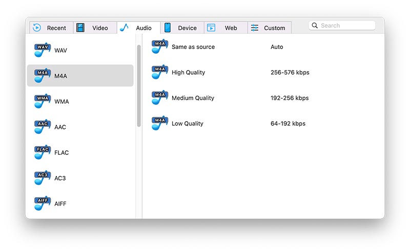 choose M4A Audio output